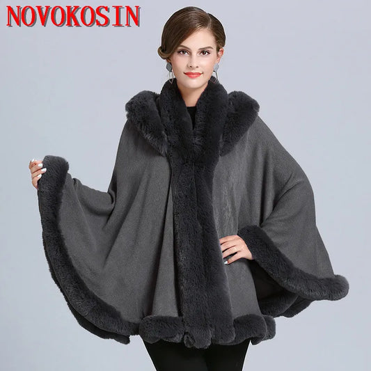 5 Color Winter Thick Warm Grey Black Poncho Cape Women Faux Fur Neck Knitted Cloak Big Pendulum Loose Cardigan Coat With Hat