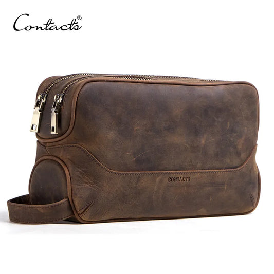 CONTACT'S crazy horse cow leather cosmetic bag for men travel toiletry bag large capacity wash bags man's make up bags organizer
