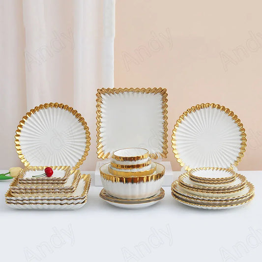 Gold Plated Ceramic Plate Sets Handmade Flower Lace Living Room Dinner Set Plates and Dishes Afternoon Tea Fruit Salad Plates