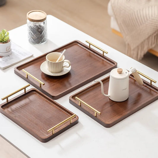 Ebony Rectangular Wooden Tray with Golden Metal Handle for Water Cup Fruit Food Bread Sundries Serving Tray Household Organizer