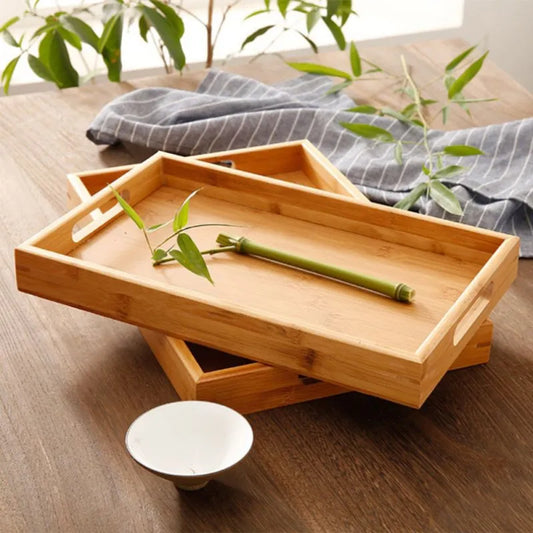 Bamboo Wooden Rectangular Tea Tray Solid Wood Serving Tray Kung Fu Tea Cup Tray With Handle Wooden Dinner Bread Fruit Food Plate