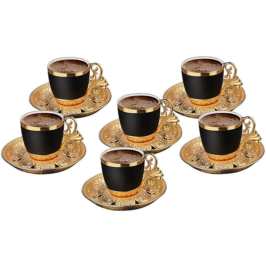 Turkish Greek Arabic Coffee Espresso Cups and Saucers Serving Set for 6 Person Black Cups Gold Silver Best Home Decor Kitchen