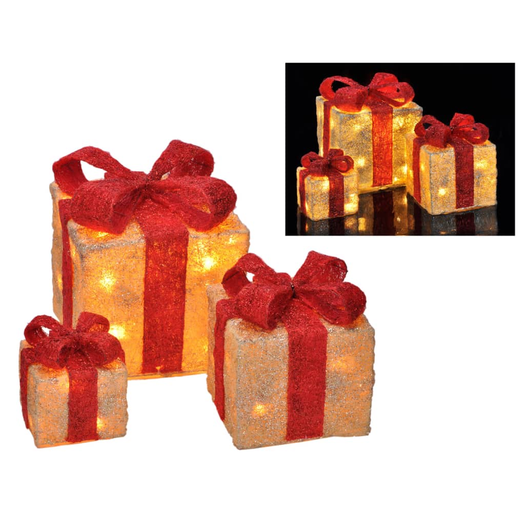 HI Kerstverlichting geschenkdoos met rode linten 3 st LED