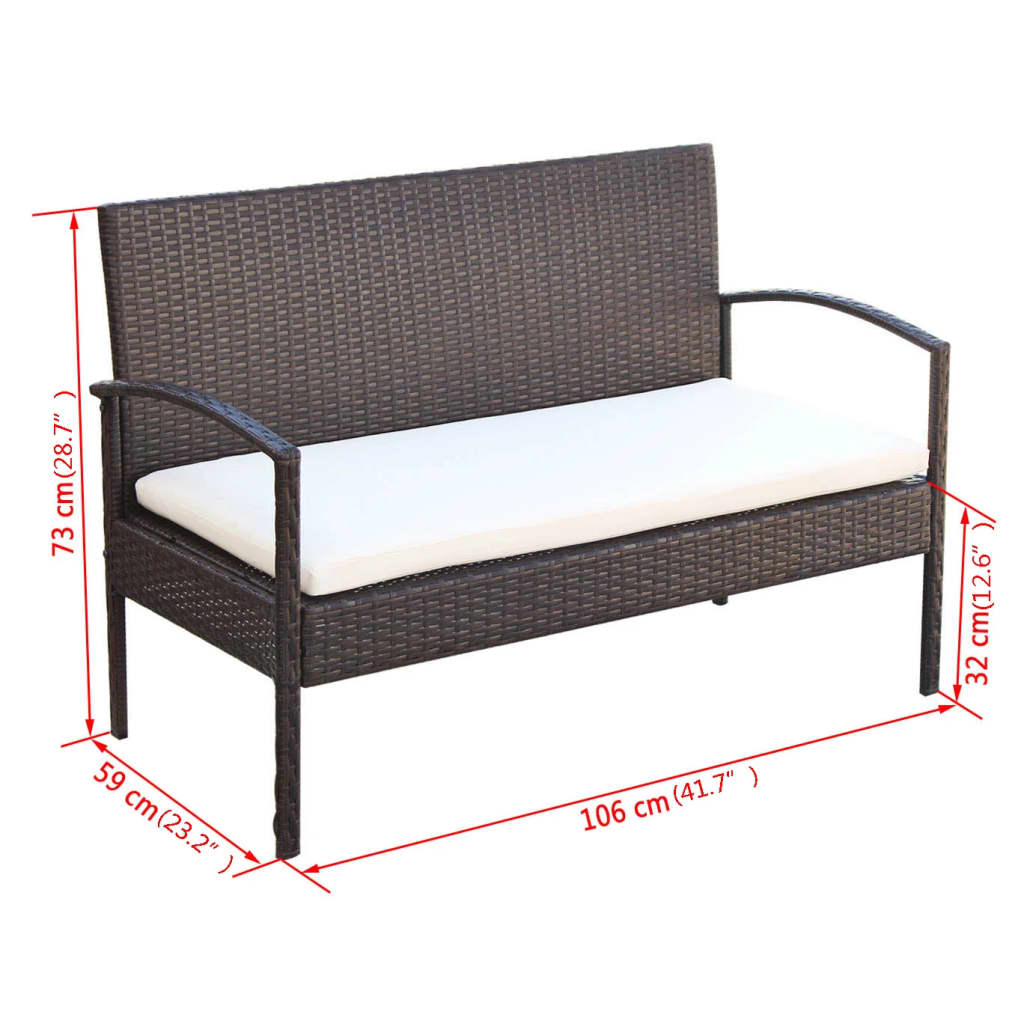 4-delige Loungeset met kussens poly rattan bruin