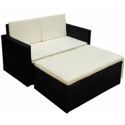 2-delige Loungeset met kussens poly rattan zwart