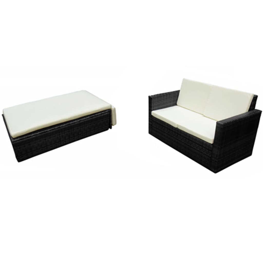 2-delige Loungeset met kussens poly rattan zwart