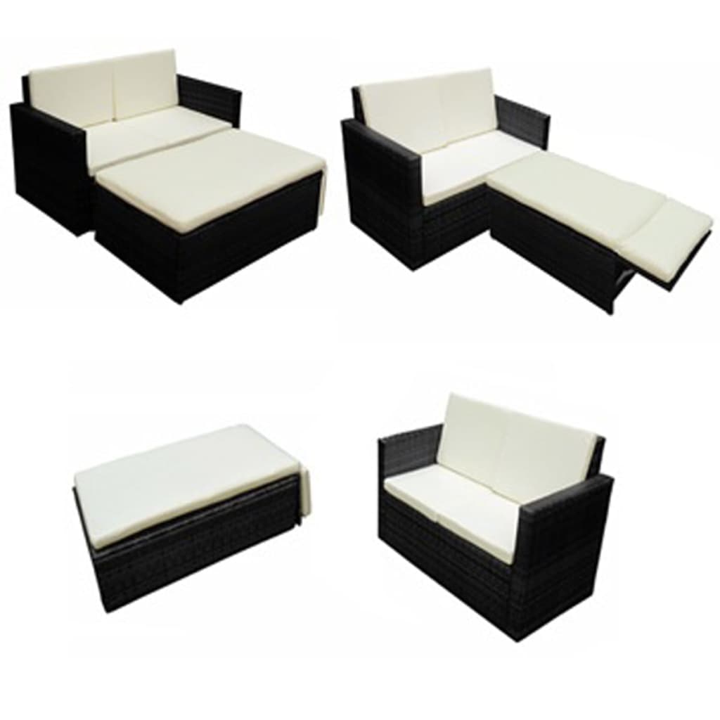 2-delige Loungeset met kussens poly rattan zwart