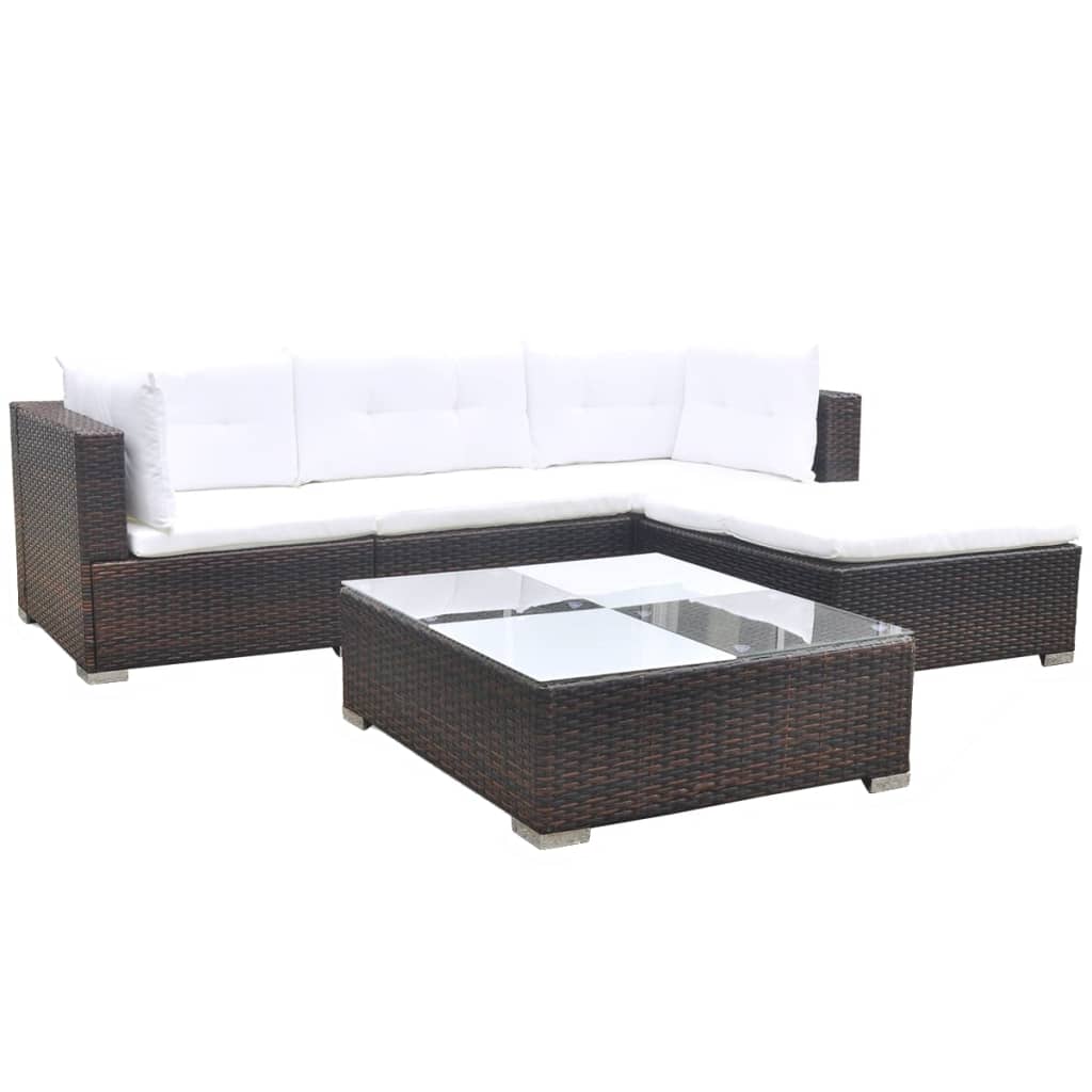 5-delige Loungeset met kussens poly rattan bruin