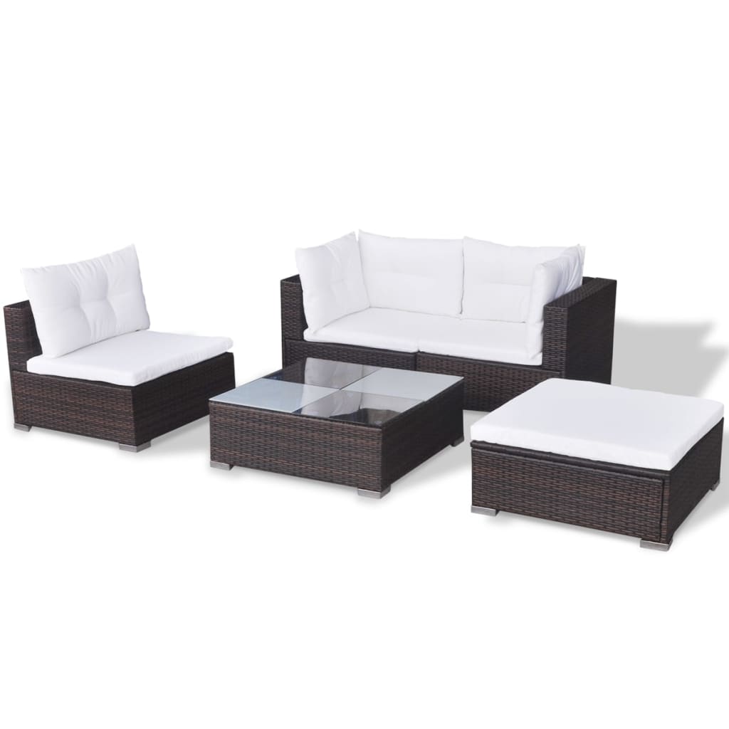 5-delige Loungeset met kussens poly rattan bruin