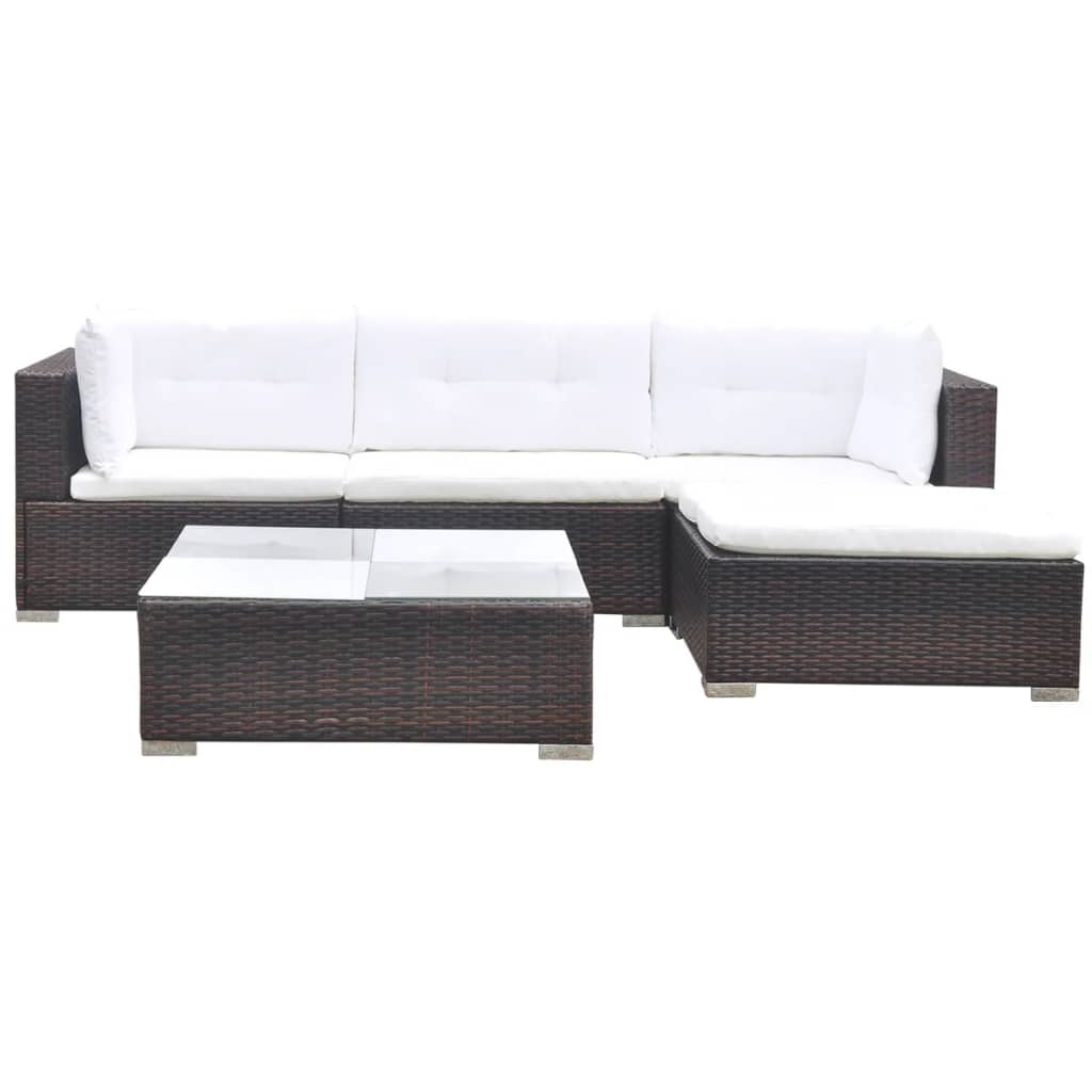 5-delige Loungeset met kussens poly rattan bruin