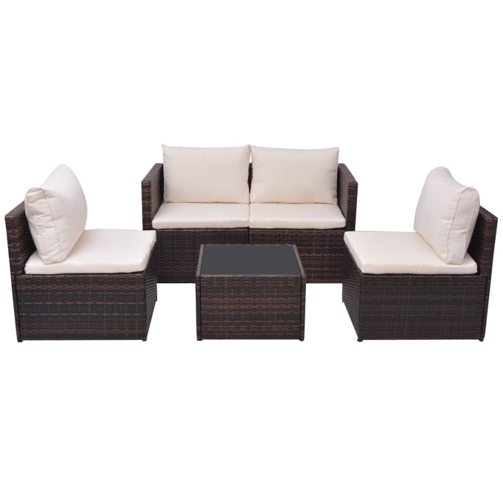 5-delige Loungeset met kussens poly rattan bruin