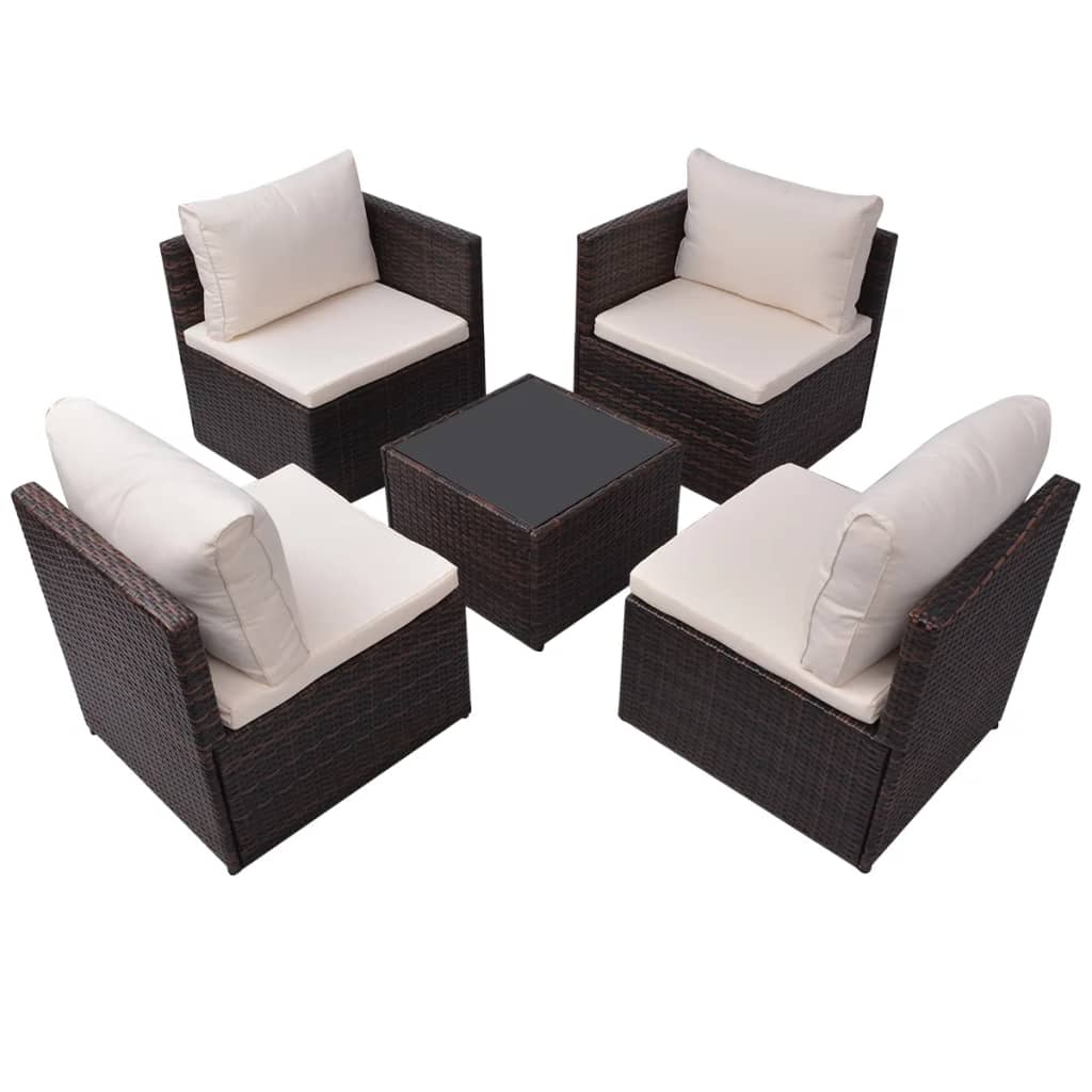 5-delige Loungeset met kussens poly rattan bruin