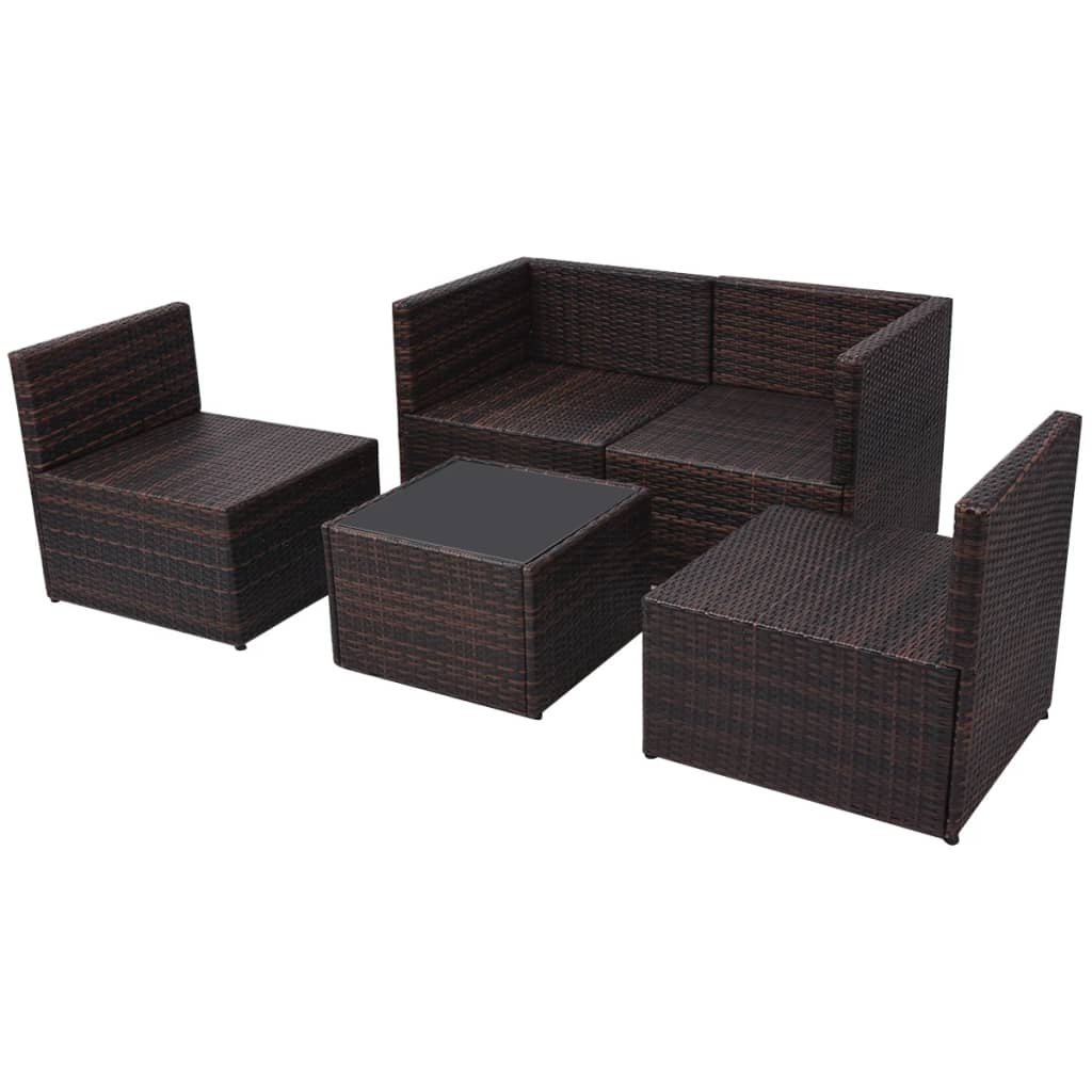 5-delige Loungeset met kussens poly rattan bruin