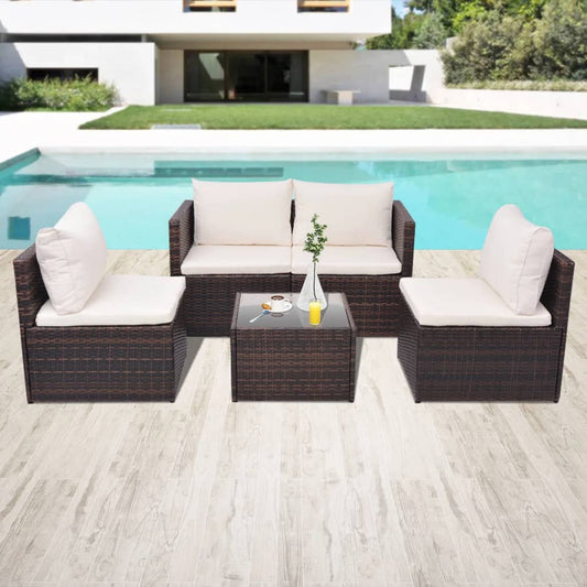 5-delige Loungeset met kussens poly rattan bruin