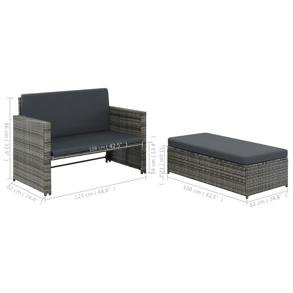 2-delige Loungeset met kussens poly rattan grijs