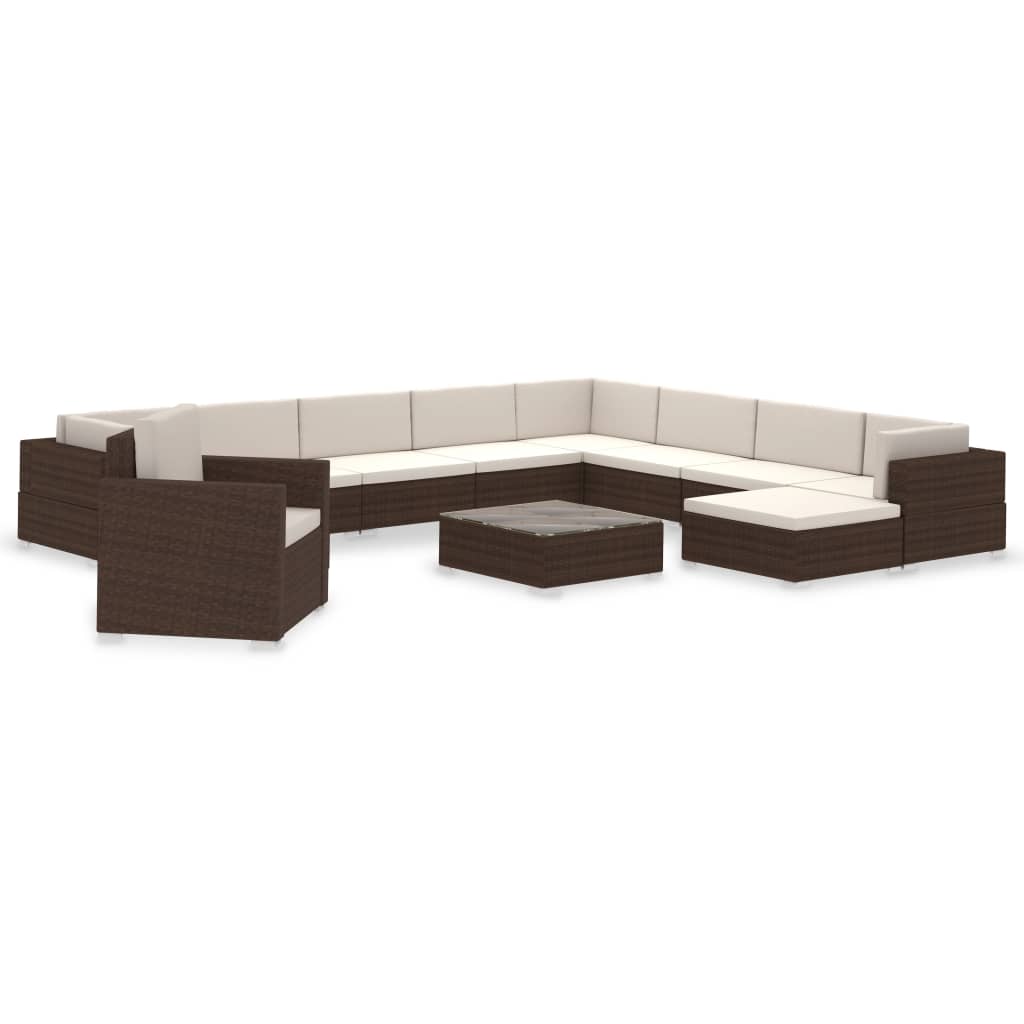 12-delige Loungeset met kussens poly rattan bruin