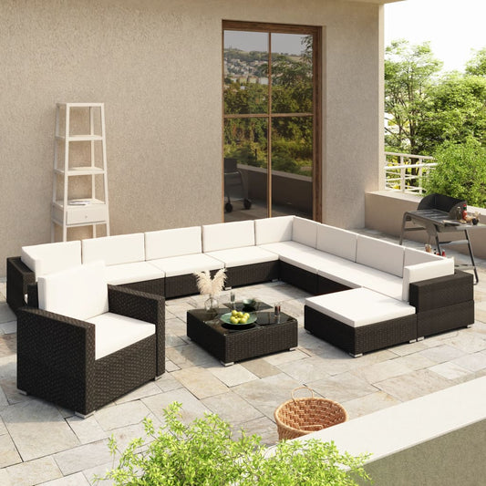 12-delige Loungeset met kussens poly rattan zwart