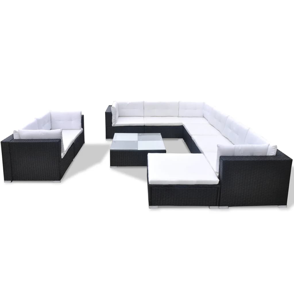 10-delige Loungeset met kussens poly rattan zwart