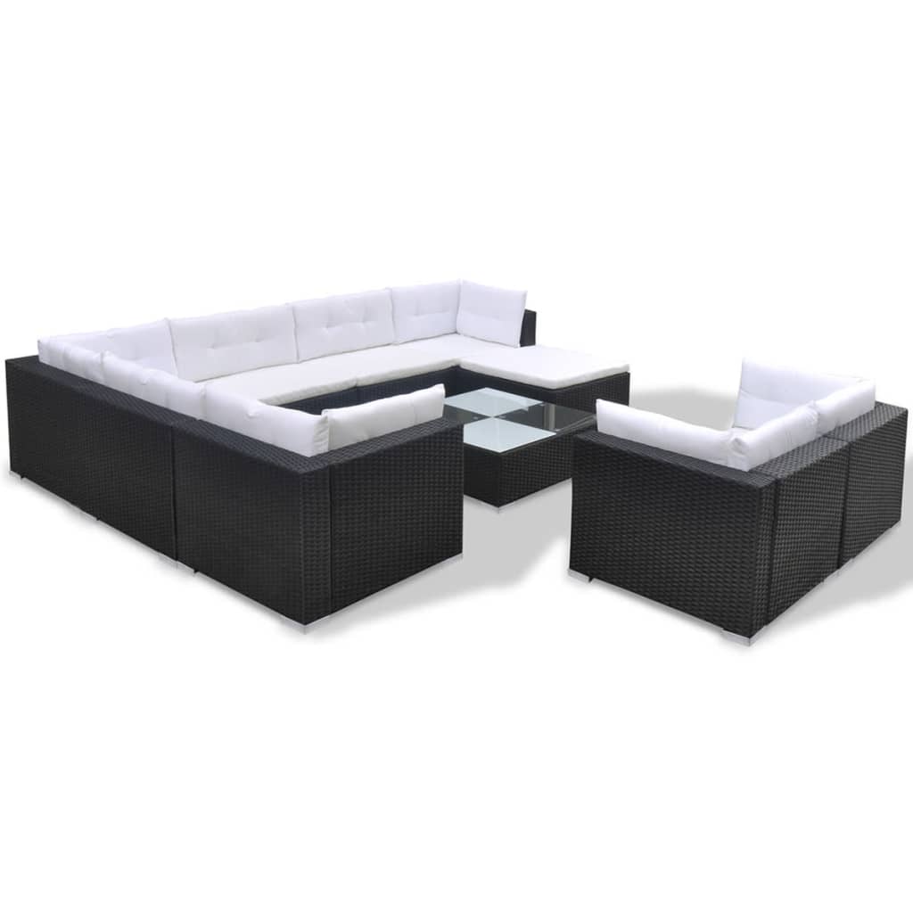 10-delige Loungeset met kussens poly rattan zwart