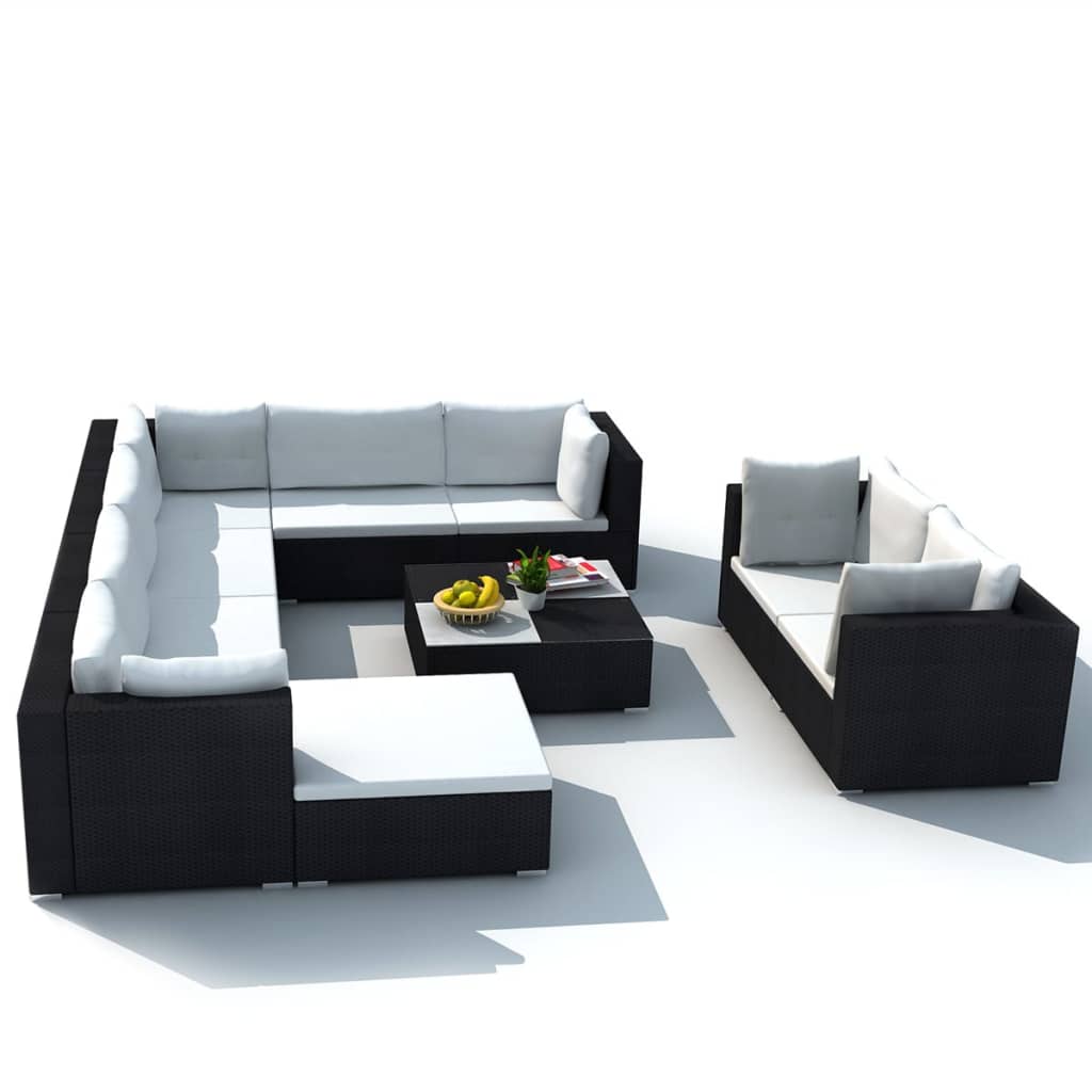 10-delige Loungeset met kussens poly rattan zwart