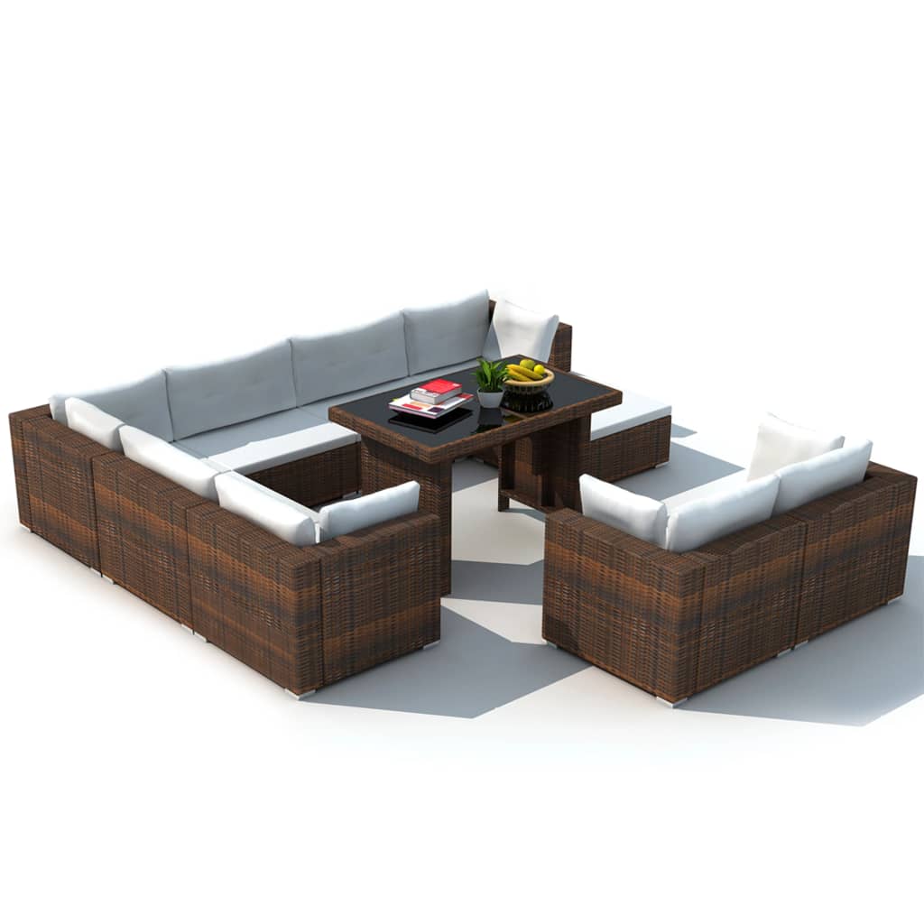 10-delige Loungeset met kussens poly rattan bruin