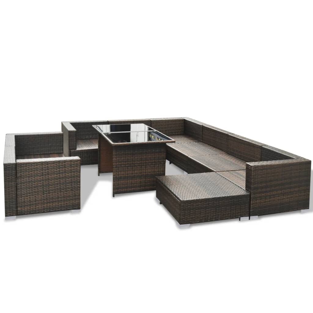 10-delige Loungeset met kussens poly rattan bruin