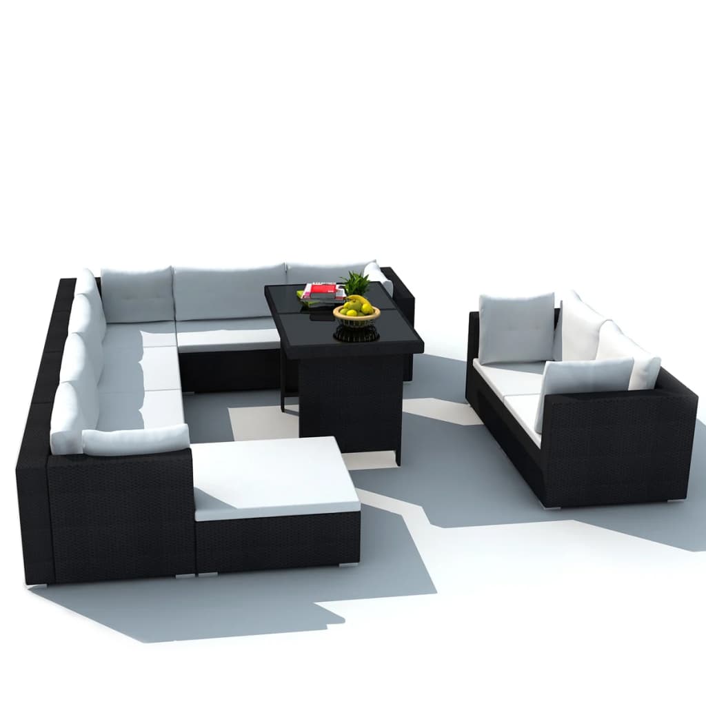 10-delige Loungeset met kussens poly rattan zwart