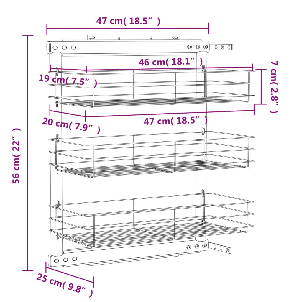 Draadmand keuken uittrekbaar 3-laags 47x25x56 cm zilverkleurig