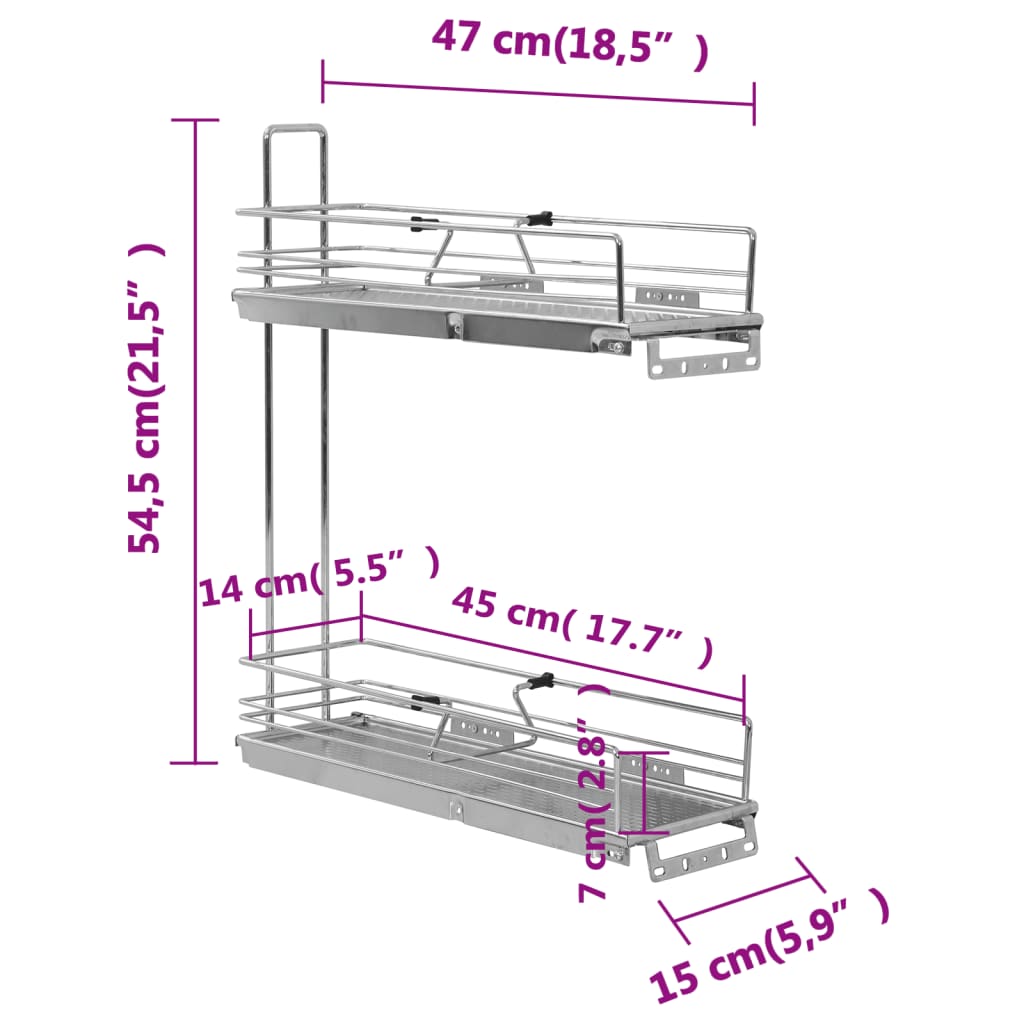 Draadmand keuken uittrekbaar 2-laags 47x15x54,5cm zilverkleurig