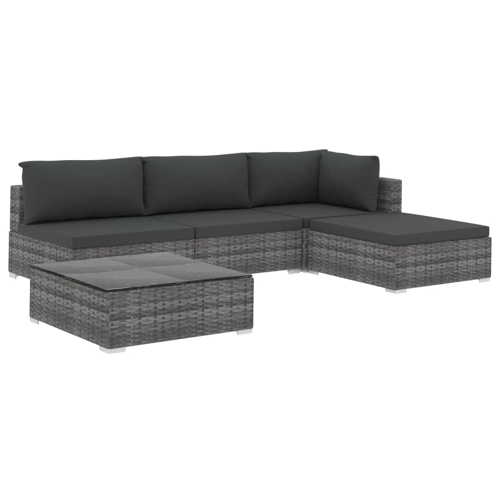 5-delige Loungeset met kussens poly rattan grijs