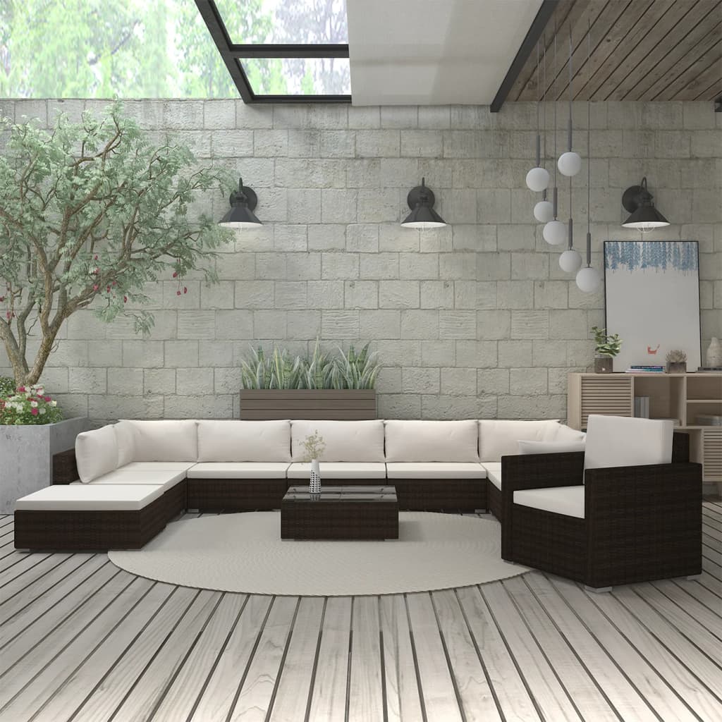 11-delige Loungeset met kussens poly rattan bruin