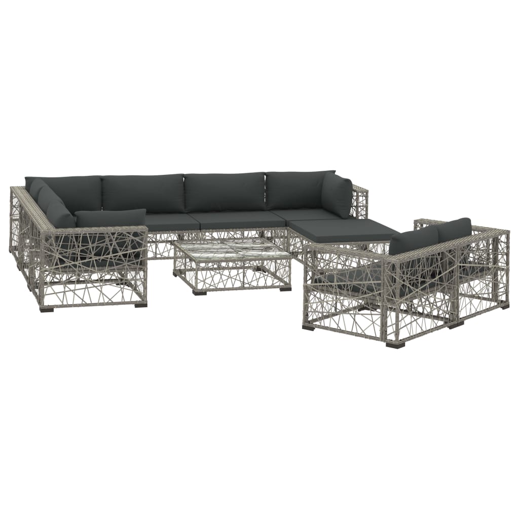 10-delige Loungeset met kussens poly rattan grijs