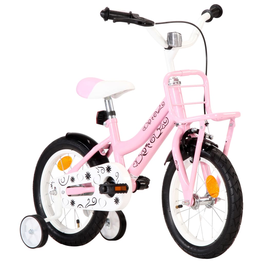 Kinderfiets met voordrager 14 inch wit en roze