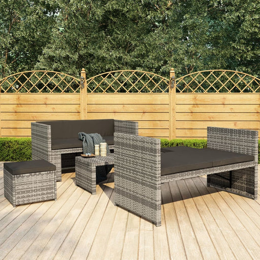 5-delige Loungeset met kussens poly rattan grijs