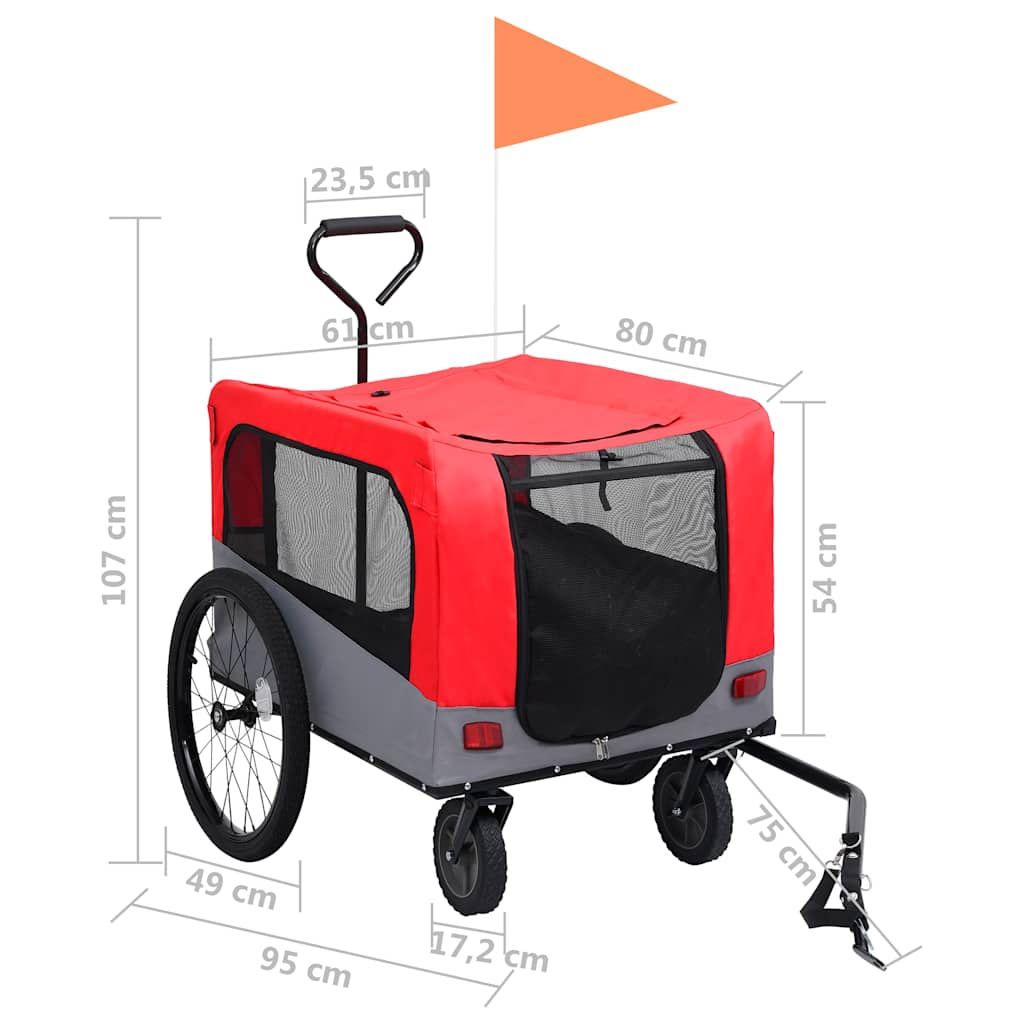 Fietstrailer en hondenwagen 2-in-1 rood en grijs