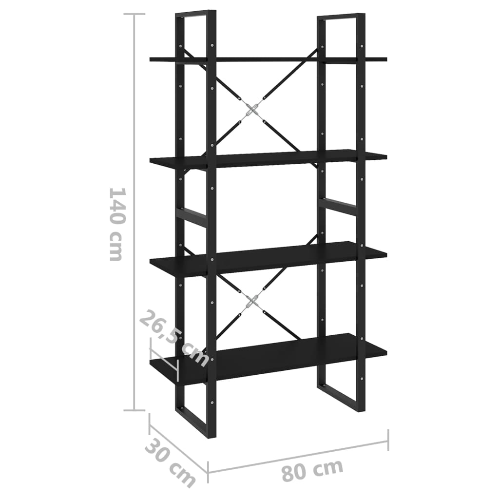 Boekenkast met 4 schappen 80x30x140 cm spaanplaat zwart