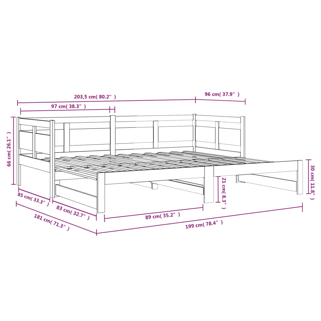 Slaapbank uitschuifbaar massief grenenhout 2x(90x200) cm