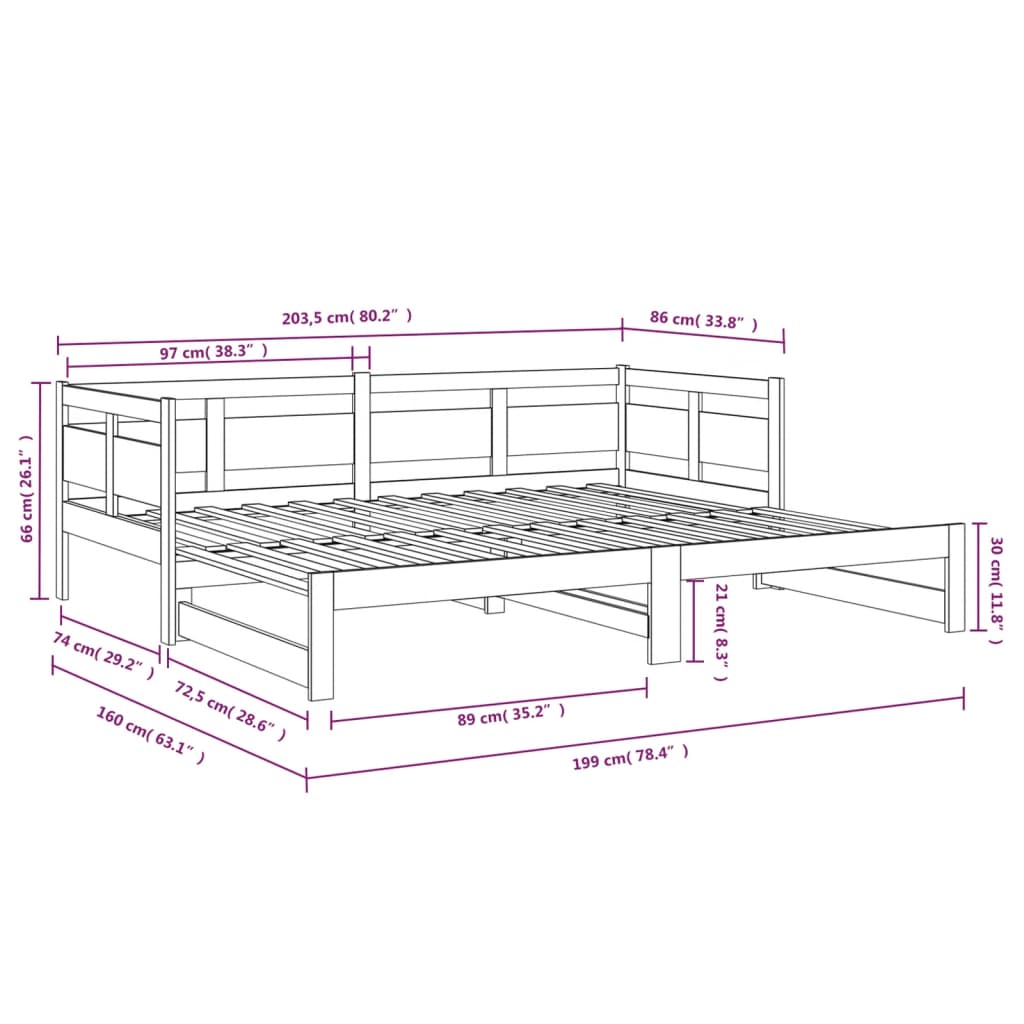 Slaapbank uitschuifbaar massief grenenhout zwart 2x(80x200) cm