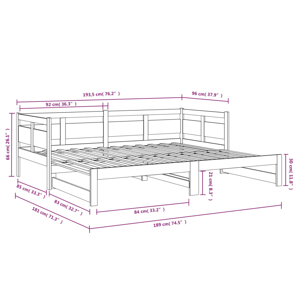 Slaapbank uitschuifbaar massief grenenhout 2x(90x190) cm