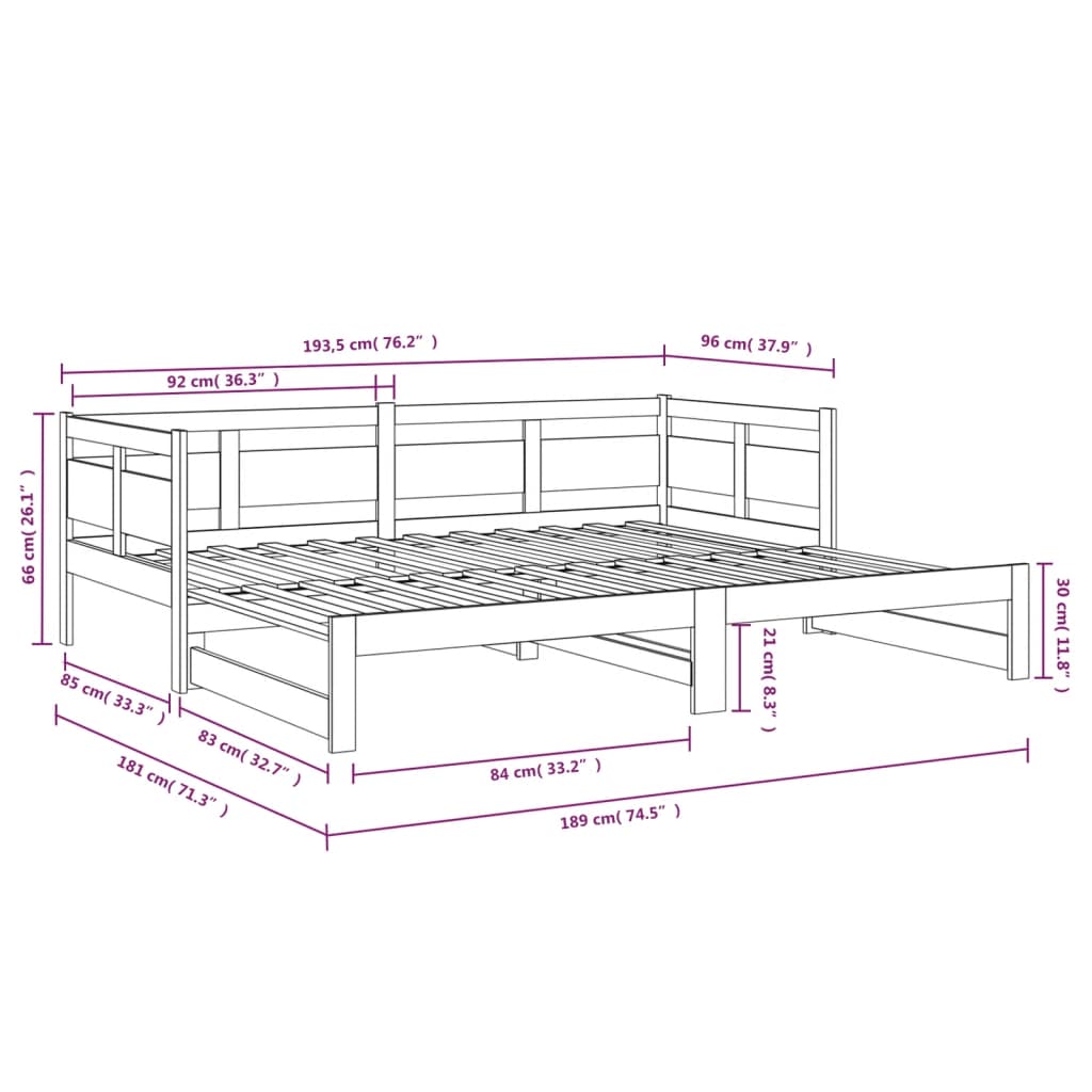 Slaapbank uitschuifbaar massief grenenhout zwart 2x(90x190) cm