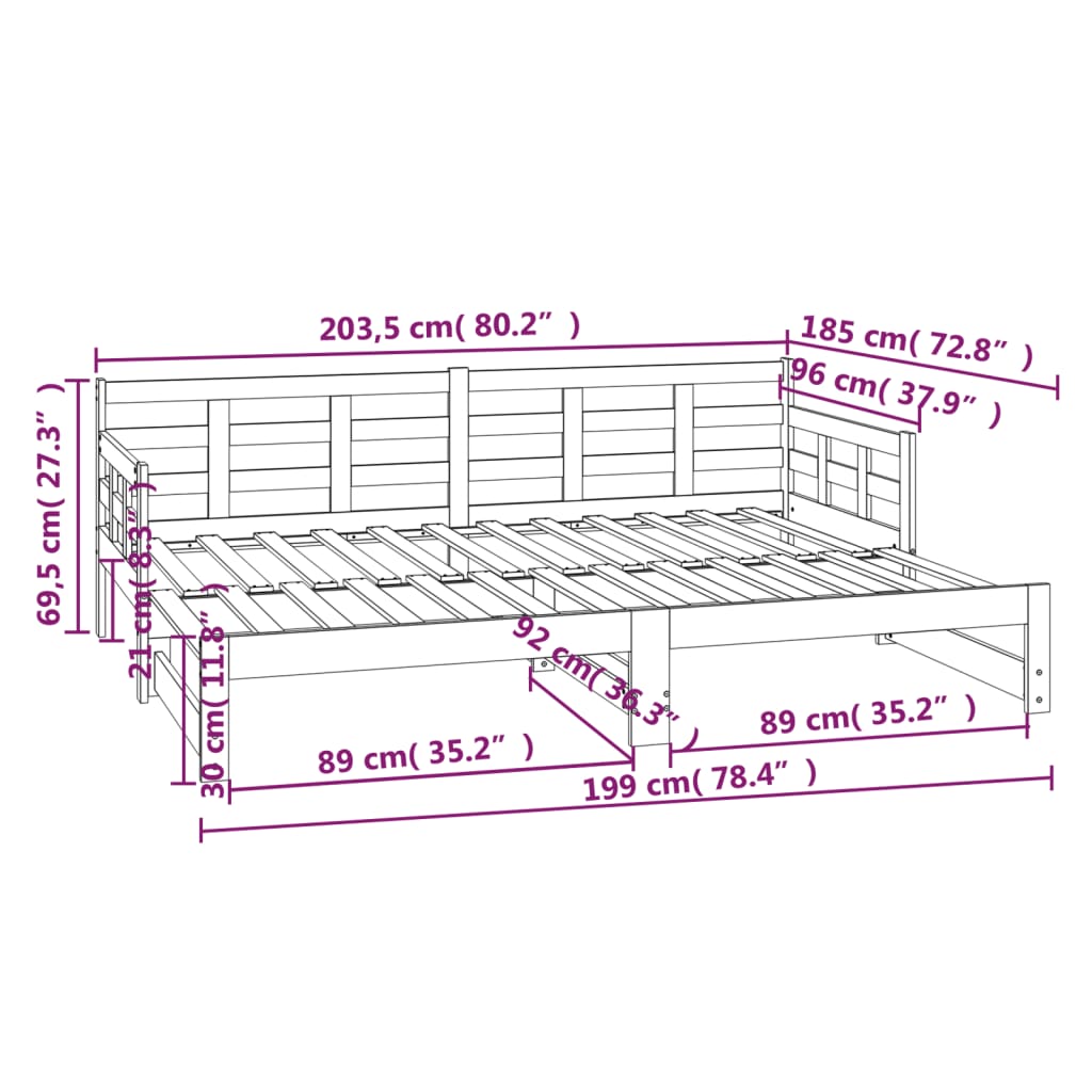 Slaapbank uitschuifbaar massief grenenhout 2x(90x200) cm