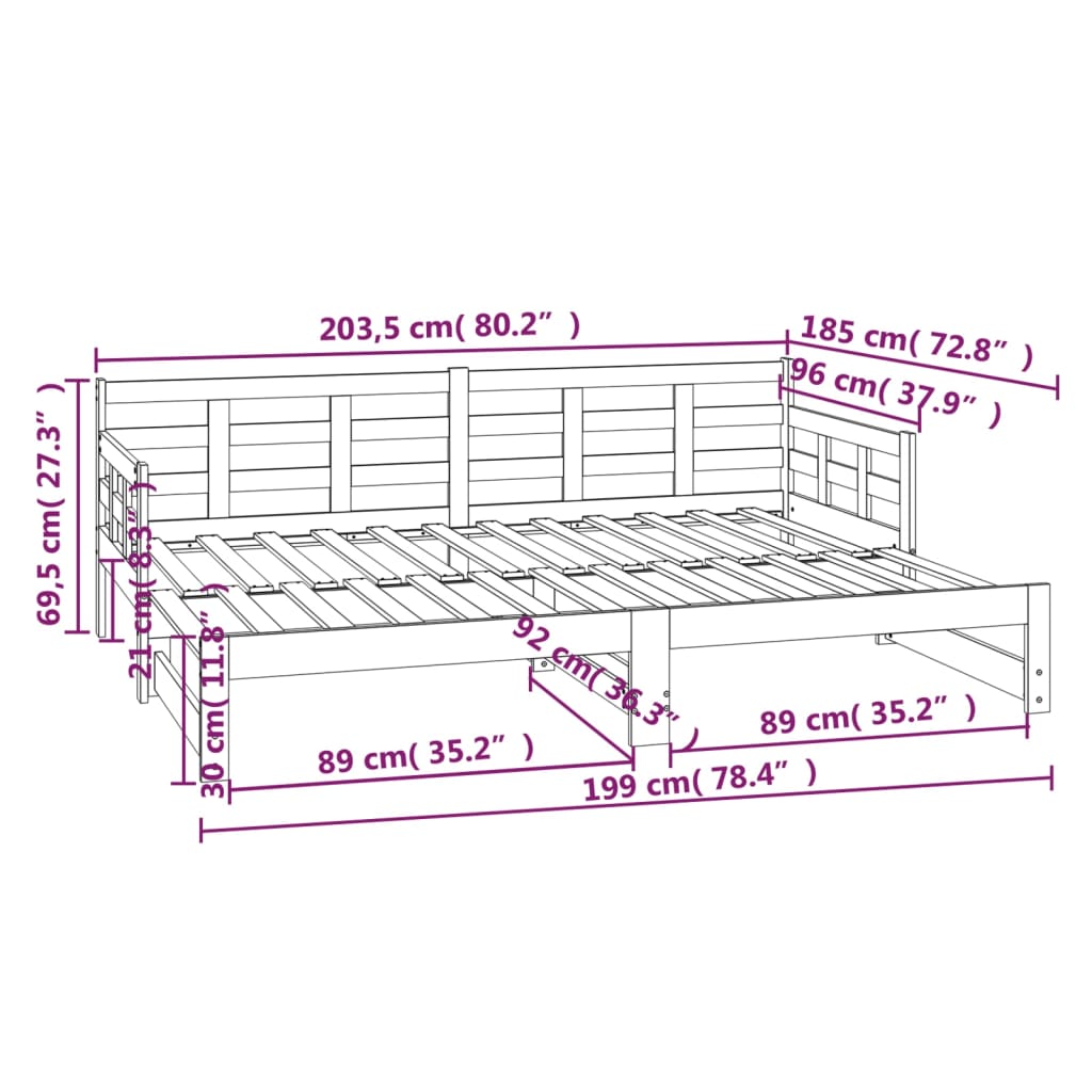 Slaapbank uitschuifbaar massief grenenhout wit 2x(90x200) cm