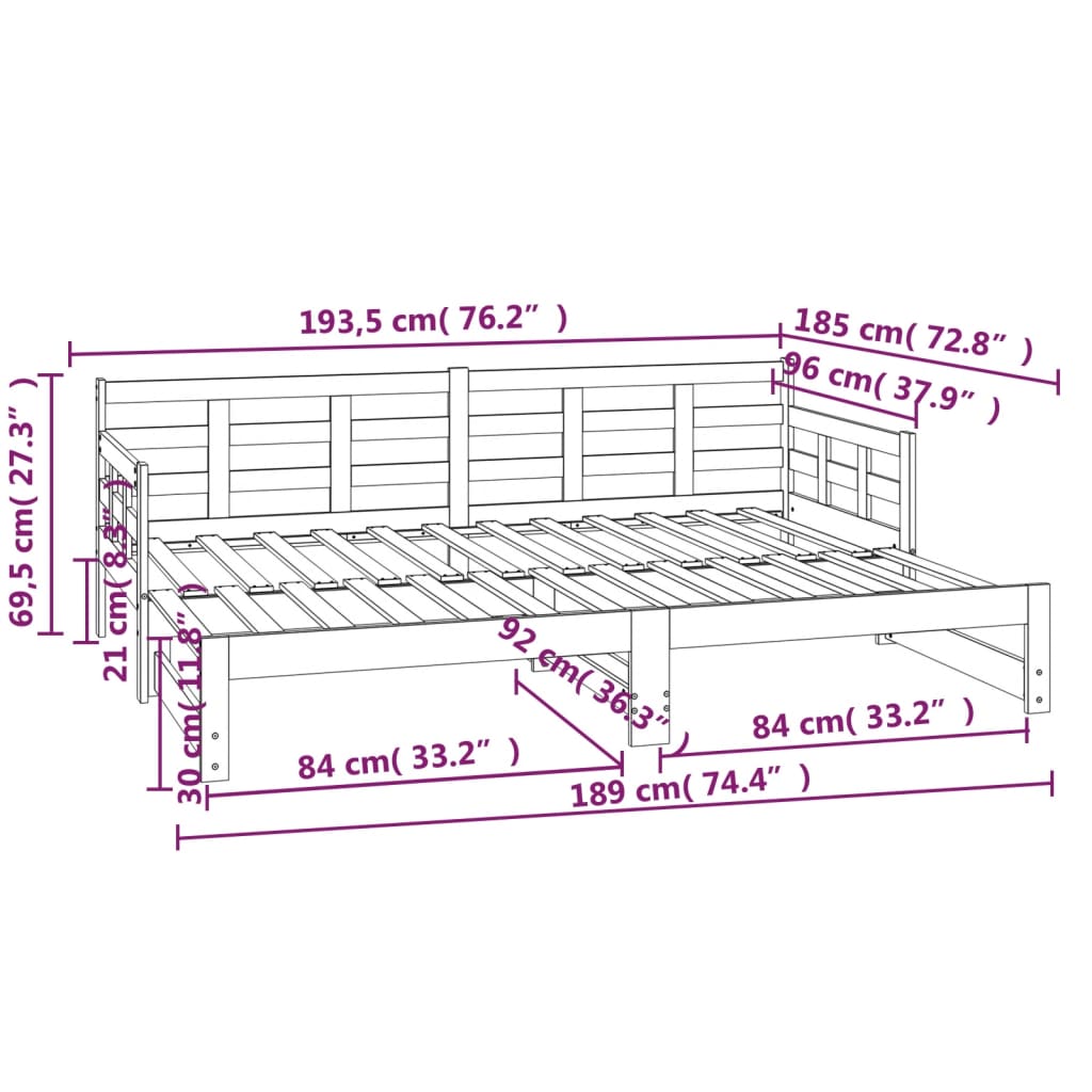 Slaapbank uitschuifbaar massief grenenhout 2x(90x190) cm