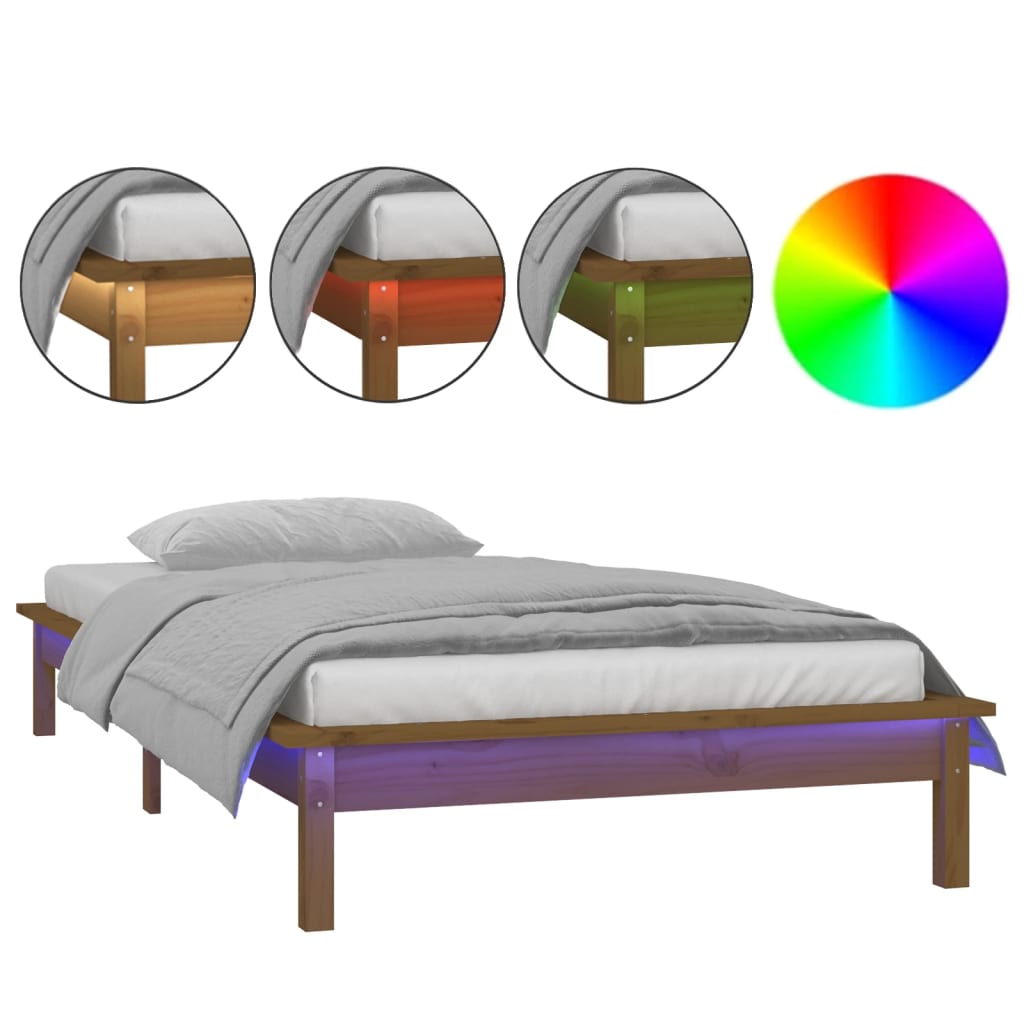 Bedframe LED massief hout honingbruin 90x200 cm