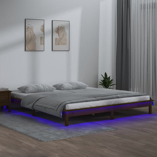 Bedframe LED massief hout honingbruin 200x200 cm