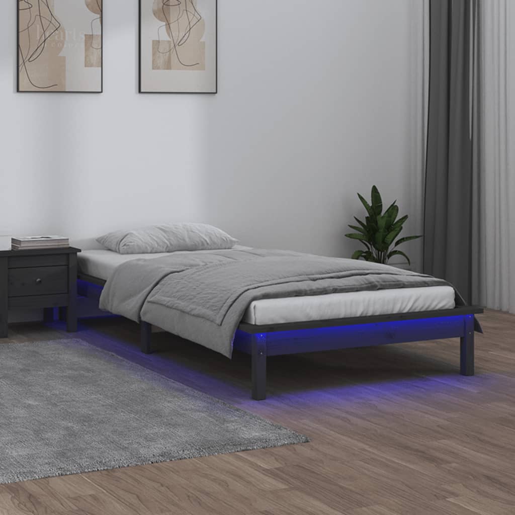 Bedframe LED massief hout grijs 75x190 cm 2FT6