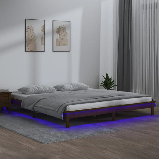 Bedframe LED massief hout honingbruin 140x190 cm