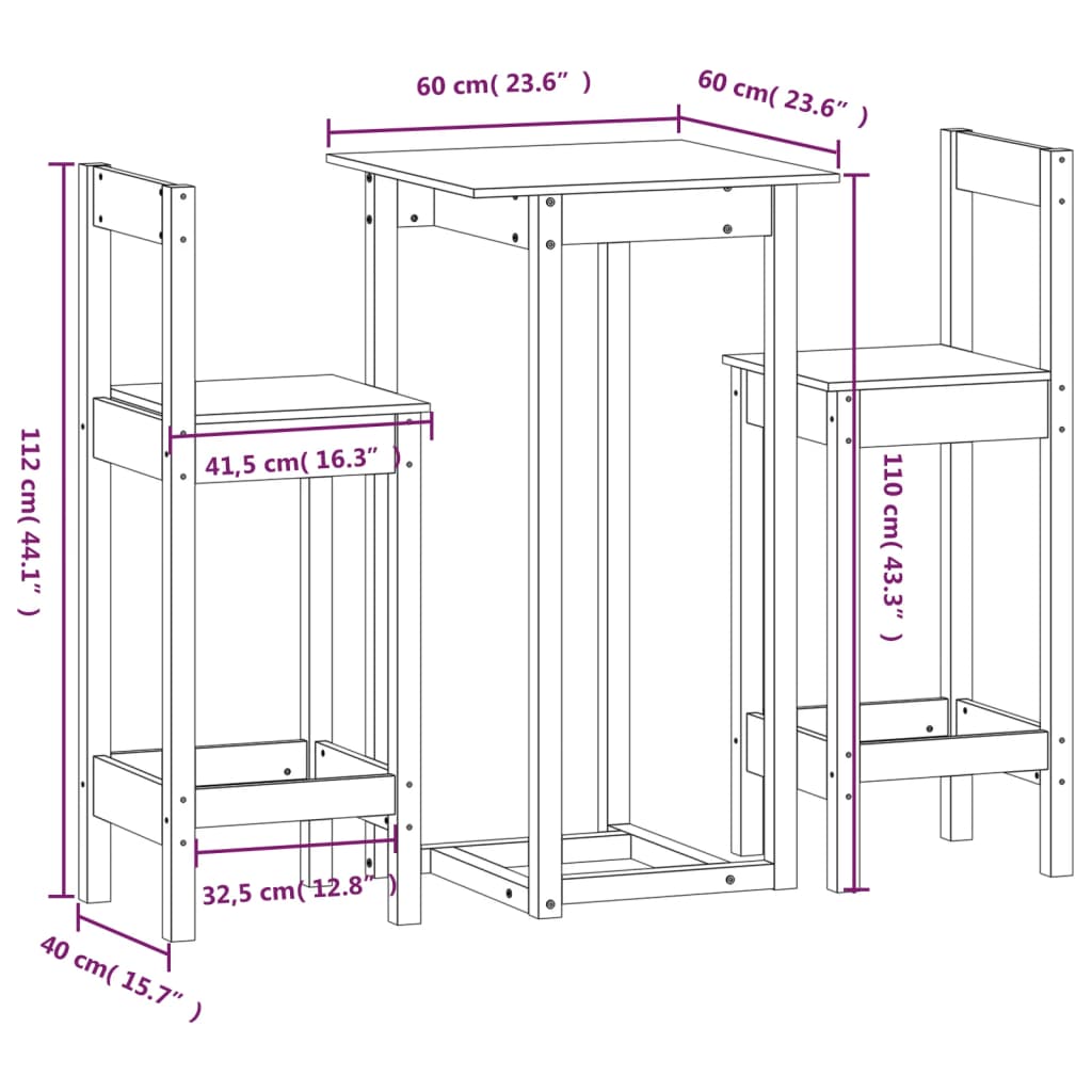 3-delige Barset massief grenenhout wit