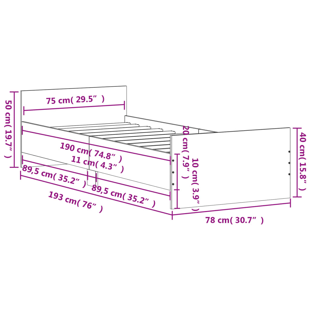 Bedframe bewerkt hout wit 75x190 cm