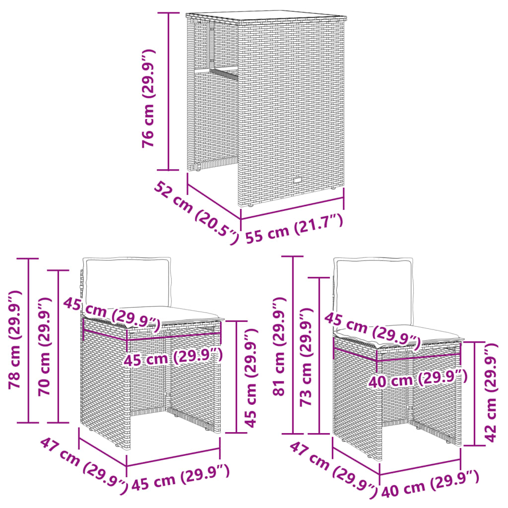 3-delige Bistroset met kussens poly rattan beige